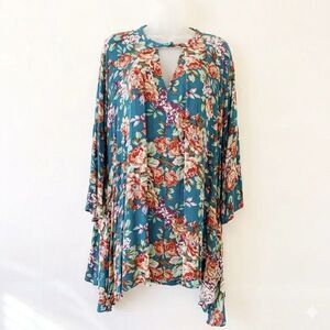 Umgee Tunic Dress Womens S Boho Bell Sleeve Green Floral Oversized Cottage